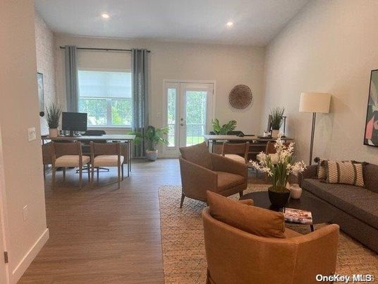 Home Office, Interior, Living room, Recessed Lighting, Wood Texture Flooring