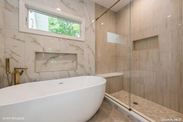 Bathroom, Free Standing Baths, Glass Shower, Interior, Marble Walls