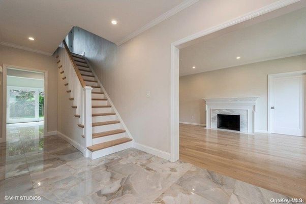Empty room, Fireplace, Interior, Recessed Lighting, Wood Texture Flooring