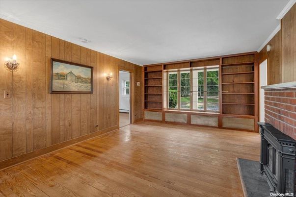 Empty room, Fireplace, Interior, Stone Walls, Wood Texture Flooring, Wooden Walls
