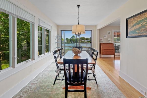 Dining room, Interior, Pendant Lights, Water, Wood Texture Flooring