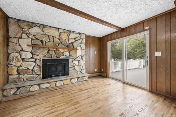Empty room, Fireplace, Interior, Stone Walls, Wooden Beams, Wood Texture Flooring, Wooden Walls