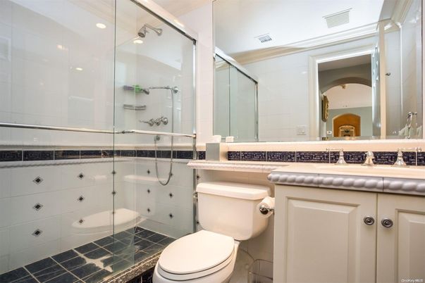 Bathroom, Glass Shower, Interior, Recessed Lighting, Tile Countertops