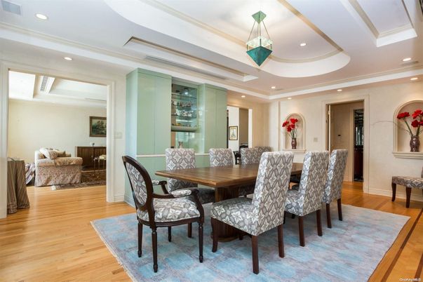 Dining room, Interior, Pendant Lights, Recessed Lighting, Wood Texture Flooring
