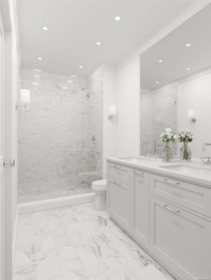 Bathroom, Dual Sink Vanities, Glass Shower, Interior, Marble, Marble Walls, Recessed Lighting