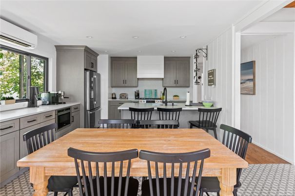 Dining room, Interior, Kitchen, Recessed Lighting, Stainless Steel Appliances, Wood Texture Flooring