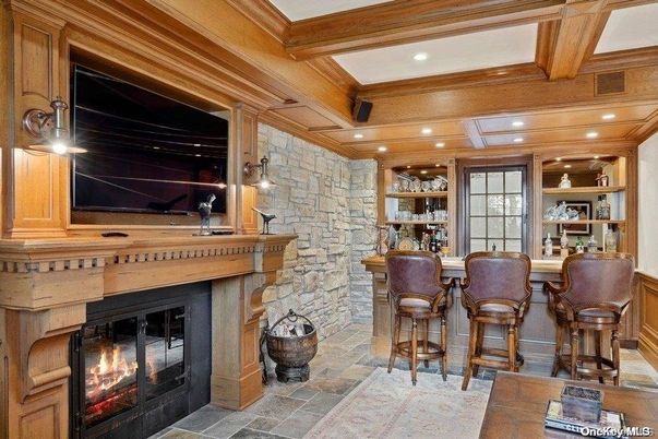 Fireplace, Interior, Recessed Lighting, Stone Walls, Wooden Beams