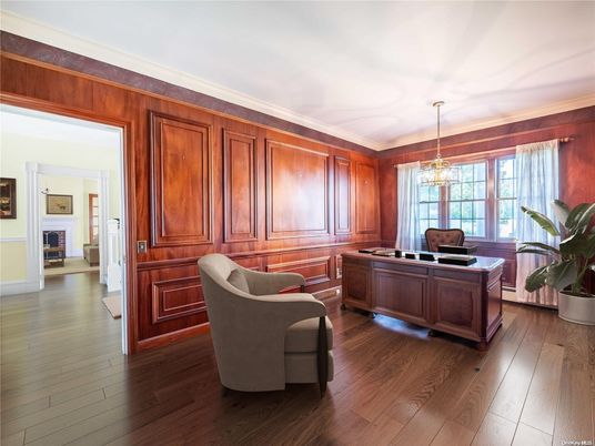 Fireplace, Home Office, Interior, Pendant Lights, Wood Texture Flooring