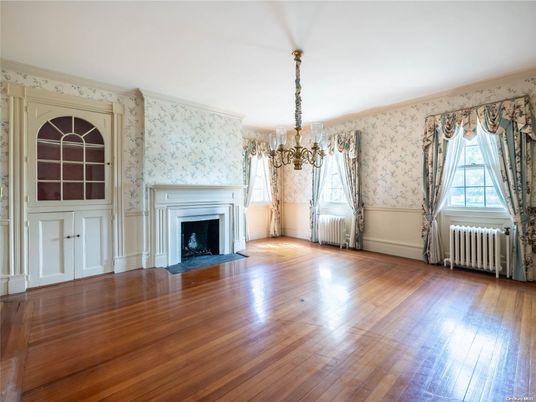 Chandelier, Empty room, Fireplace, Interior, Wood Texture Flooring