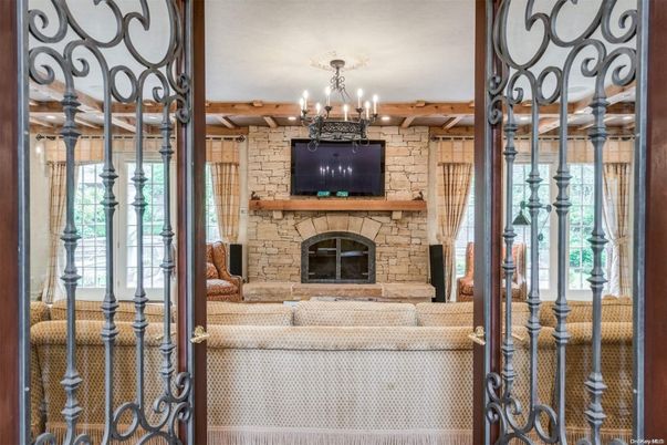 Chandelier, Fireplace, Interior, Stone Walls