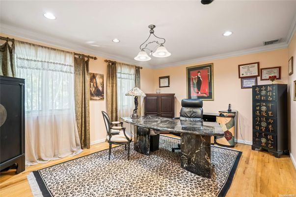 Chandelier, Home Office, Interior, Recessed Lighting, Wood Texture Flooring