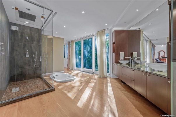 Bathroom, Glass Shower, Interior, Recessed Lighting, Wood Texture Flooring