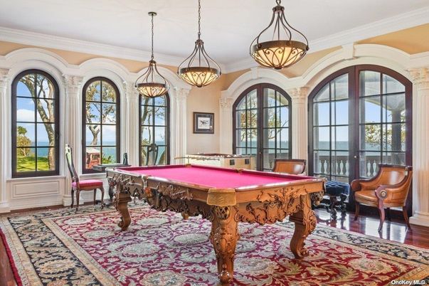 Billiard Table, Game Room, Interior, Pendant Lights, Wood Texture Flooring