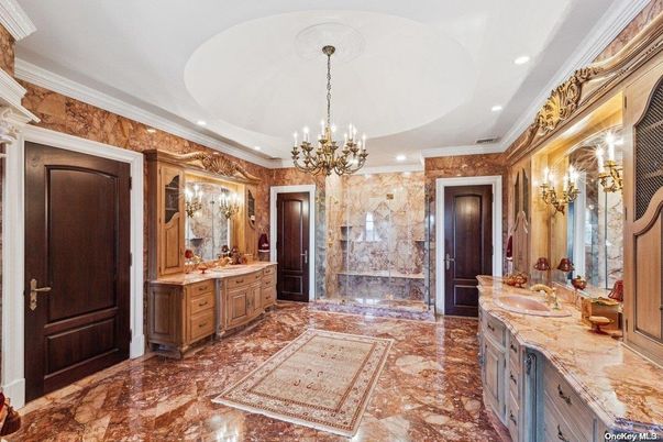 Bathroom, Chandelier, Dual Sink Vanities, Glass Shower, Interior, Recessed Lighting