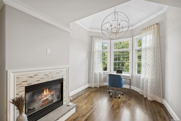 Chandelier, Fireplace, Home Office, Interior, Wood Texture Flooring