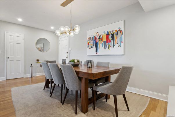 Dining room, Interior, Pendant Lights, Recessed Lighting, Wood Texture Flooring
