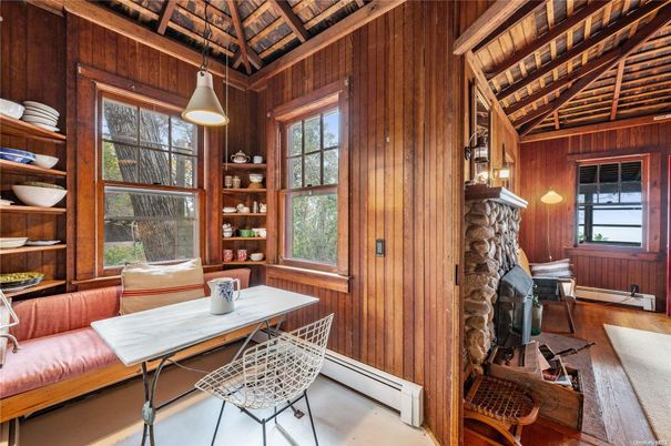 Fireplace, Home Office, Interior, Pendant Lights, Wooden Beams, Wooden Ceilings, Wood Texture Flooring, Wooden Walls
