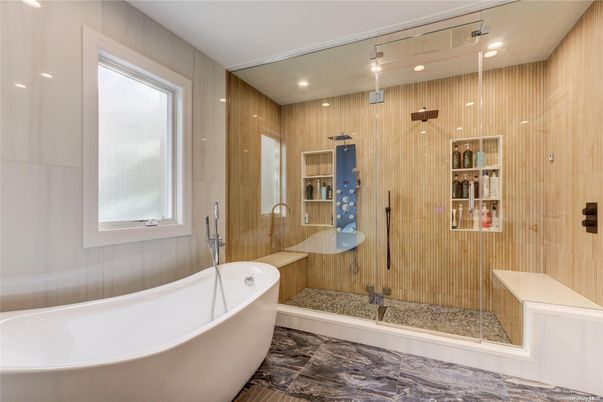 Bathroom, Free Standing Baths, Glass Shower, Interior, Recessed Lighting, Wooden Walls