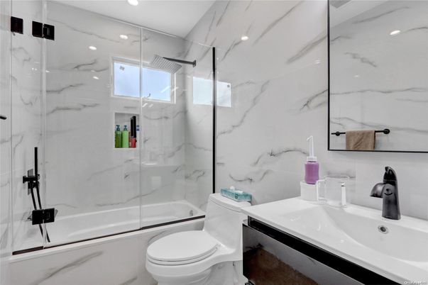 Bathroom, Glass Shower, Interior, Marble Walls, Recessed Lighting