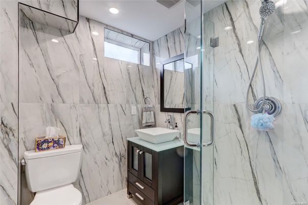 Bathroom, Glass Shower, Interior, Marble Walls, Recessed Lighting
