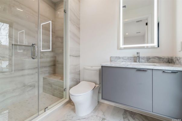 Bathroom, Glass Shower, Interior, Marble, Marble Walls, Recessed Lighting