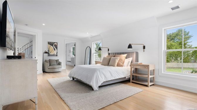 Bedroom, Interior, Recessed Lighting, Wood Texture Flooring