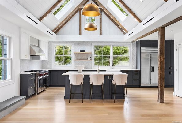 Interior, Kitchen, Pendant Lights, Recessed Lighting, Stainless Steel Appliances, Wooden Beams, Wood Texture Flooring