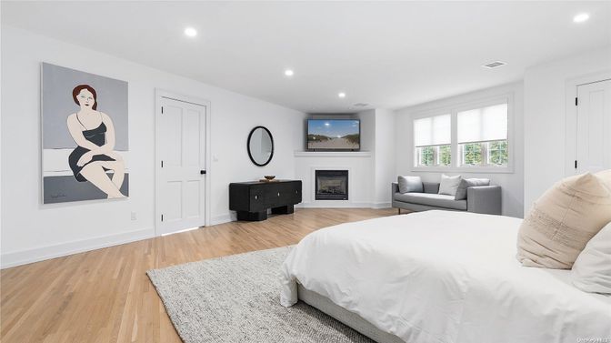Bedroom, Fireplace, Interior, Recessed Lighting, Wood Texture Flooring
