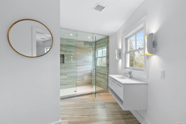 Bathroom, Glass Shower, Interior, Recessed Lighting, Wood Texture Flooring