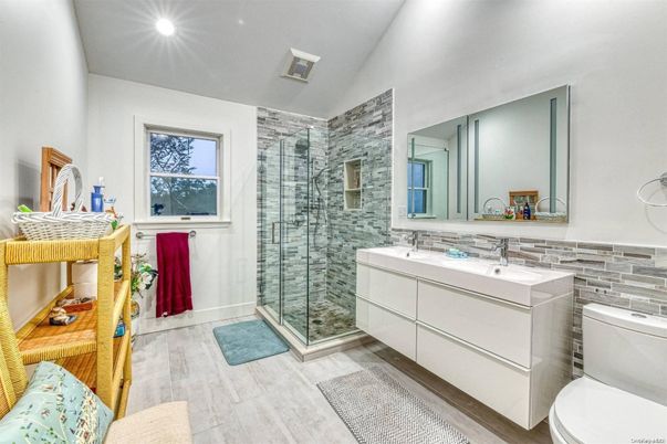 Bathroom, Dual Sink Vanities, Glass Shower, Interior, Recessed Lighting