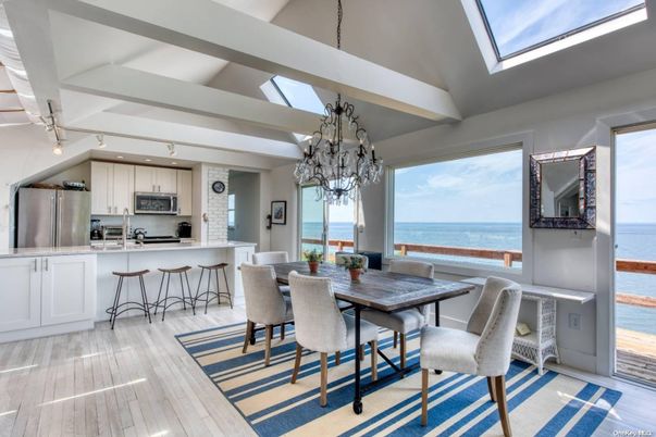 Chandelier, Dining room, Interior, Kitchen, Stainless Steel Appliances, Water, Wood Texture Flooring
