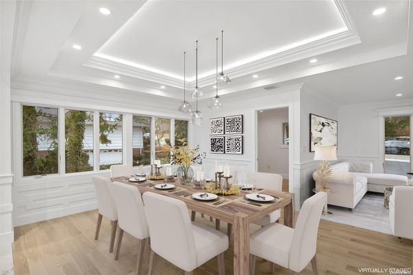 Dining room, Interior, Pendant Lights, Recessed Lighting, Wood Texture Flooring