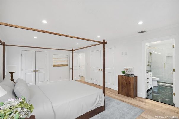 Bathroom, Bedroom, Glass Shower, Interior, Recessed Lighting, Wood Texture Flooring