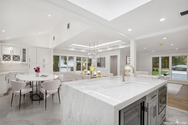 Dining room, Interior, Kitchen, Marble, Pendant Lights, Recessed Lighting, Stainless Steel Appliances, Wood Texture Flooring