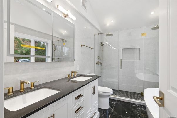 Bathroom, Dual Sink Vanities, Glass Shower, Interior, Marble, Recessed Lighting
