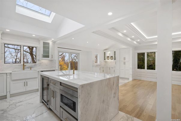 Interior, Kitchen, Marble, Recessed Lighting, Wood Texture Flooring