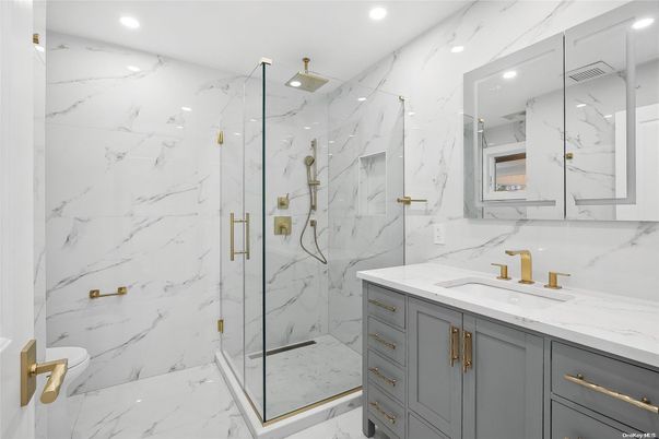Bathroom, Glass Shower, Interior, Marble, Marble Walls, Recessed Lighting