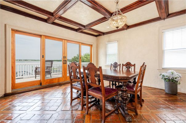 Dining room, Interior, Pendant Lights, Water, Wooden Beams