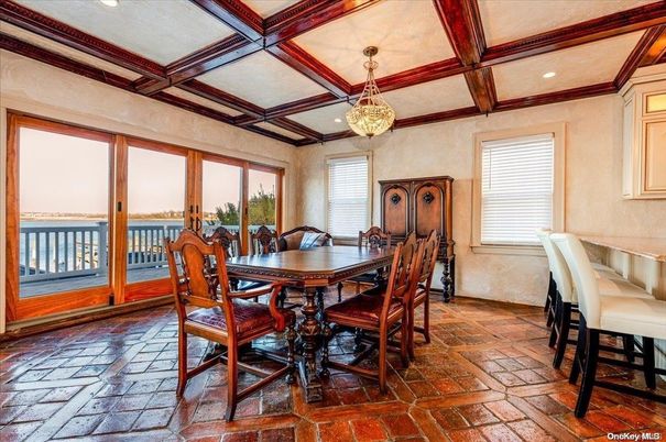 Dining room, Interior, Pendant Lights, Recessed Lighting, Water, Wooden Beams