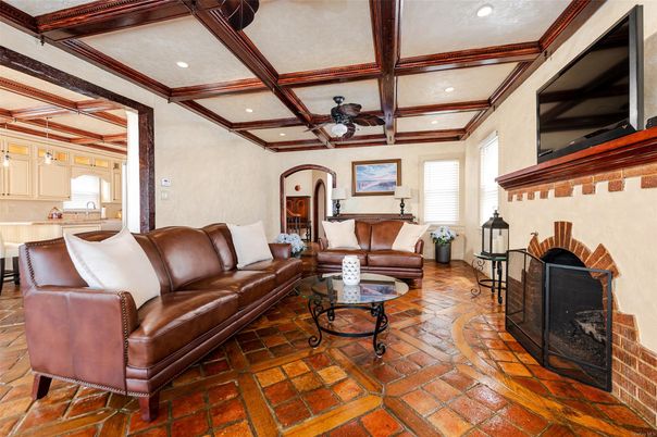 Fireplace, Interior, Living room, Recessed Lighting, Wooden Beams