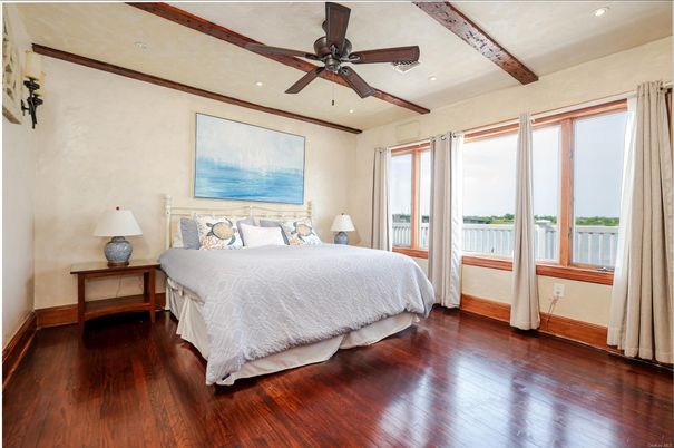 Bedroom, Interior, Recessed Lighting, Water, Wooden Beams, Wood Texture Flooring