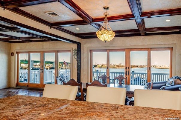 Dining room, Interior, Pendant Lights, Recessed Lighting, Water, Wooden Beams