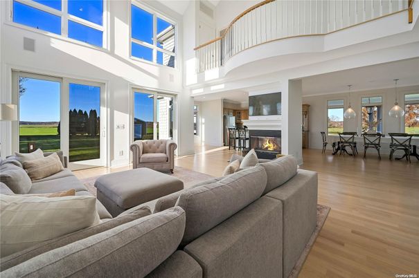 Dining room, Fireplace, Interior, Living room, Pendant Lights, Wood Texture Flooring
