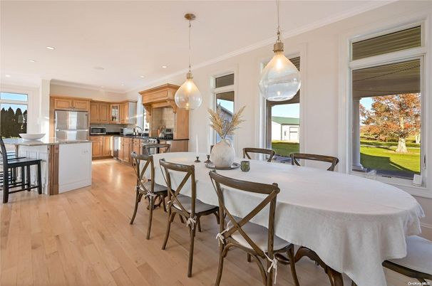 Dining room, Interior, Kitchen, Pendant Lights, Recessed Lighting, Stainless Steel Appliances, Wood Texture Flooring