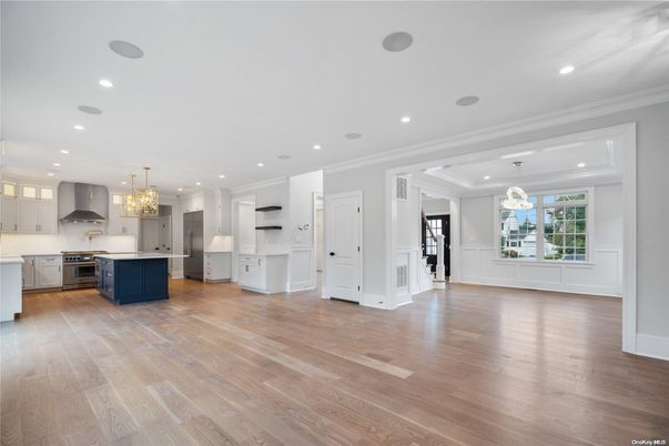Chandelier, Interior, Kitchen, Pendant Lights, Recessed Lighting, Stainless Steel Appliances, Wood Texture Flooring