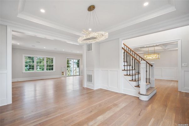 Chandelier, Empty room, Interior, Pendant Lights, Recessed Lighting, Wood Texture Flooring