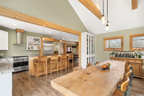 Dining room, Interior, Kitchen, Pendant Lights, Recessed Lighting, Stainless Steel Appliances, Wooden Beams, Wood Texture Flooring
