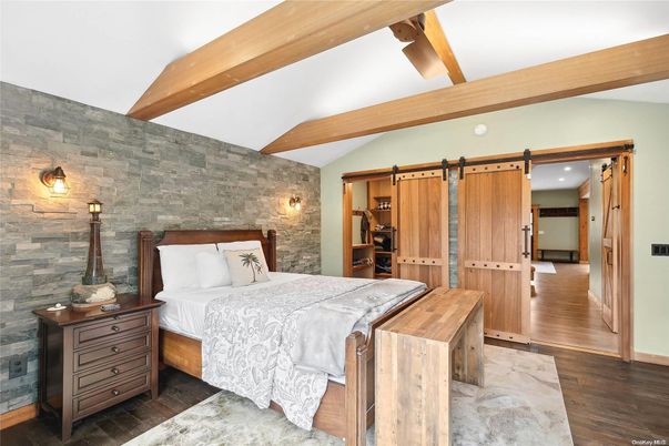 Bedroom, Interior, Stone Walls, Wooden Beams, Wood Texture Flooring