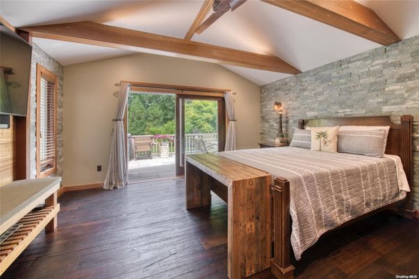 Bedroom, Interior, Stone Walls, Wooden Beams, Wood Texture Flooring