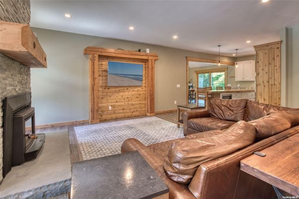 Fireplace, Interior, Kitchen, Living room, Pendant Lights, Recessed Lighting, Stone Walls